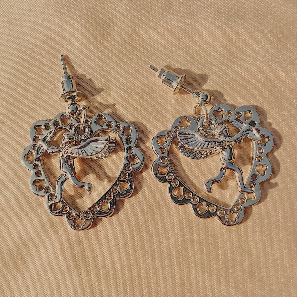 Double Stacked Heart and Cherub Angel Earrings